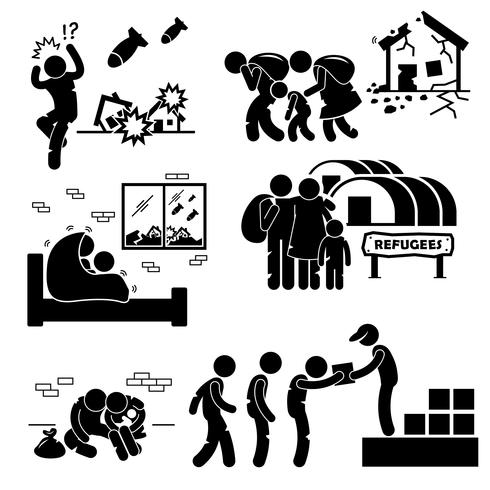 Vluchtelingen Evacuee War Stick Figure Pictogram Pictogrammen. vector