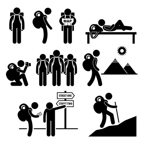 Rugzak Reiziger Explorer Stick Figure Pictogram Pictogram. vector