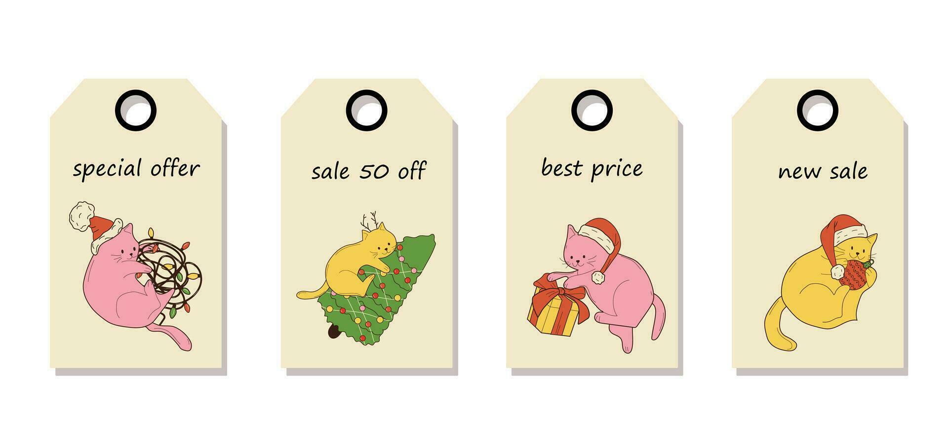 vector reeks van korting prijs labels. etiketten met schattig katten met Kerstmis decoratie. Kerstmis uitverkoop.