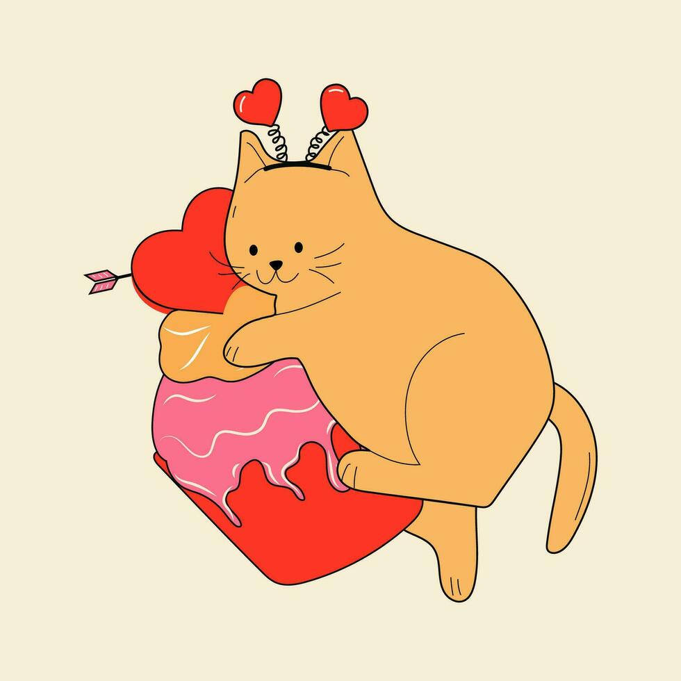 schattig kat met valentijnsdag decoraties. vector illustratie.