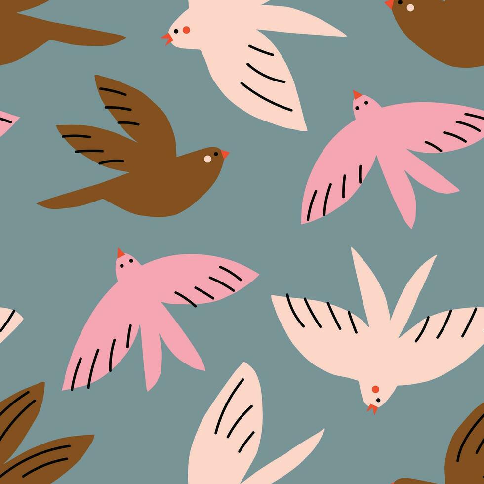 mooi hand- getrokken patroon met kleurrijk vogels. naadloos structuur met verschillend vogels. schattig natuur illustratie achtergrond vector