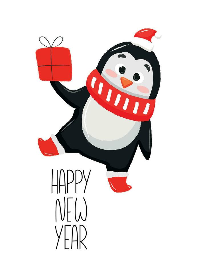 nieuw jaar ansichtkaart met schattig dansen pinguïn, houdt geschenk doos voor vakantie vector
