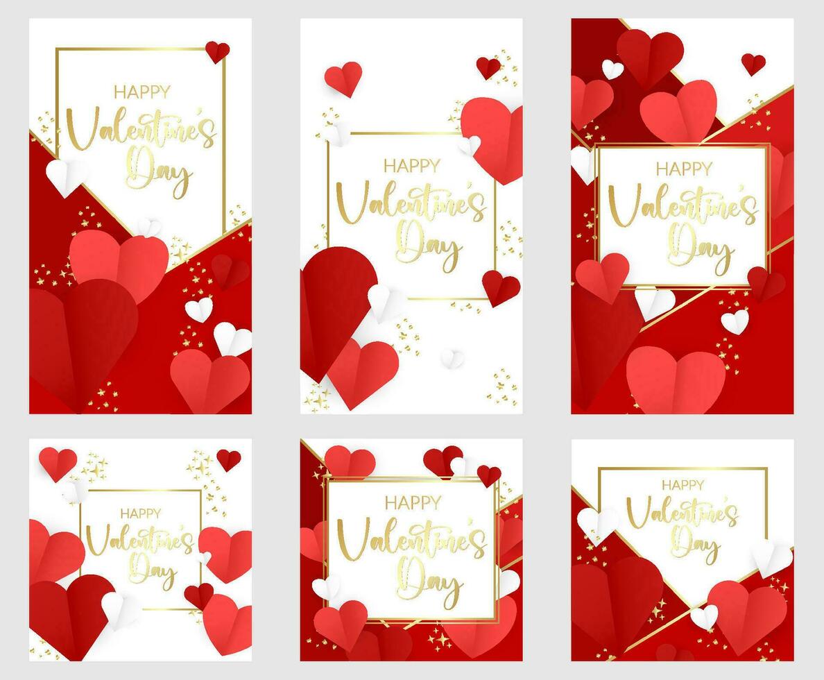 Valentijnsdag dag verhalen banners set. roze, rood achtergrond met vliegend harten. ronde kleinhandel Scherm. promo banners van valentijnsdag dag vakantie met schoonschrift tekst, lettertype. hart Golf. vector illustratie