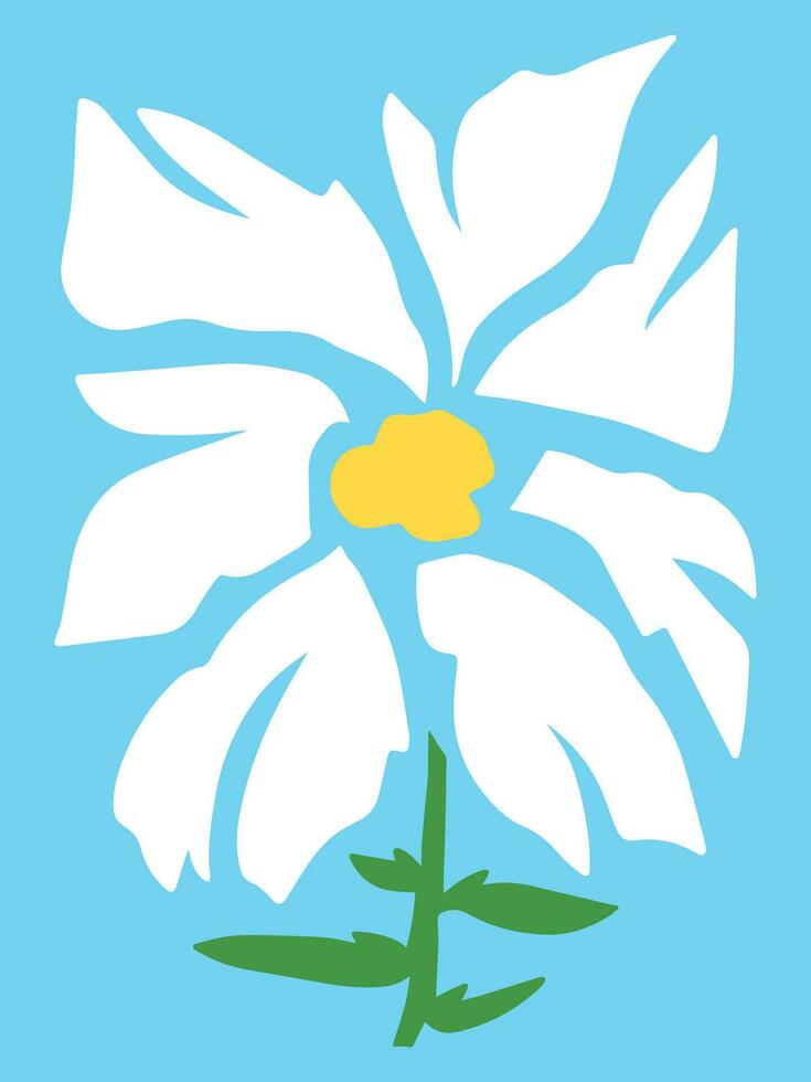 abstract wit gekleurde bloem met groen stam en bladeren. vector illustratie geïsoleerd Aan blauw verticaal achtergrond. gemakkelijk vlak tekenfilm minimalistische kunst gestileerd tekening.