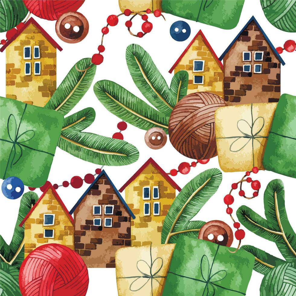 naadloos waterverf patroon Aan de thema van kerstmis, nieuw jaar. schattig Kerstmis huizen, slingers en Kerstmis boom takken in tekenfilm stijl vector