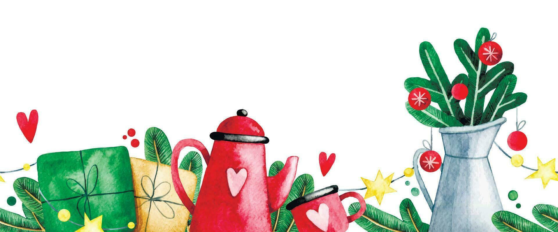 Kerstmis decoratie, naadloos waterverf grens, kader. Kerstmis boom takken, cadeaus en een rood theepot. feestelijk samenstelling voor de nieuw jaar. vector