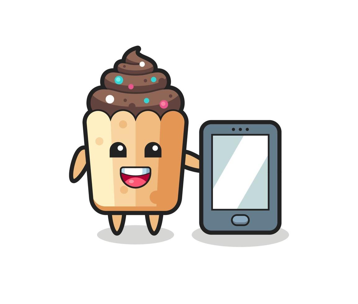 cupcake illustratie cartoon met een smartphone vector