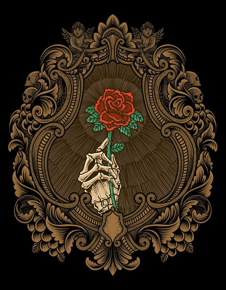 illustratie vector schedel Holding roos bloem met gravure ornament kader