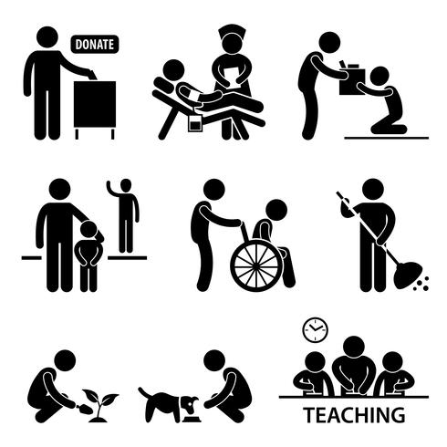 Liefdadigheidsschenking Vrijwilligers helpen stok figuur Pictogram pictogram. vector