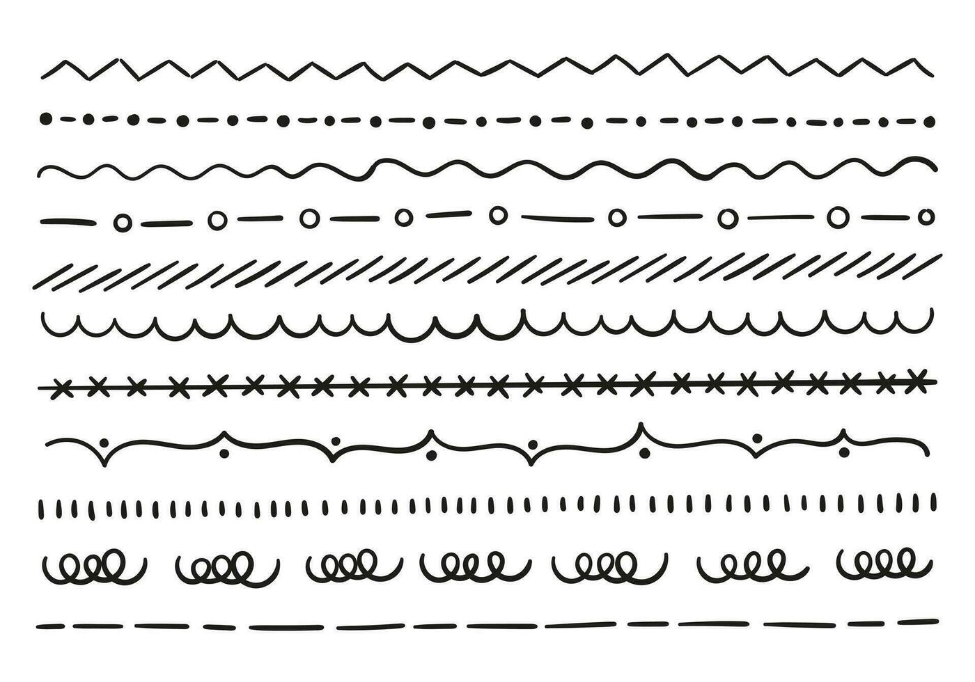 single lijn reeks in verschillend stijlen. arabesken, zigzag, met weerhaken draad, opgerold. vector