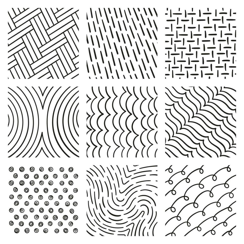 lijnen reeks in verschillend stijlen en posities. bakstenen, parket, golven, gebogen lijnen, opgerold enz. vector