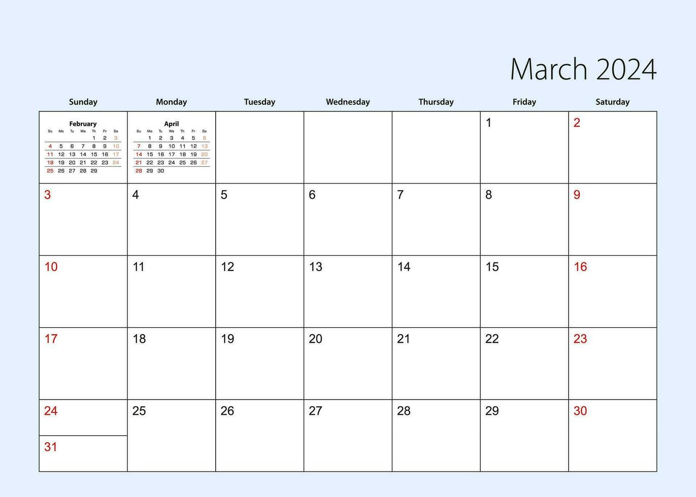 muur kalender ontwerper voor maart 2024. Engels taal, week begint van zondag. vector