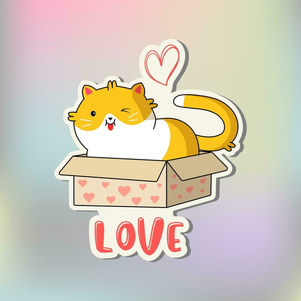 grappig kat sticker liefde. schattig kawaii kat in doos. tekenfilm kat sticker ontwerp. aanbiddelijk kawaii dier. vector