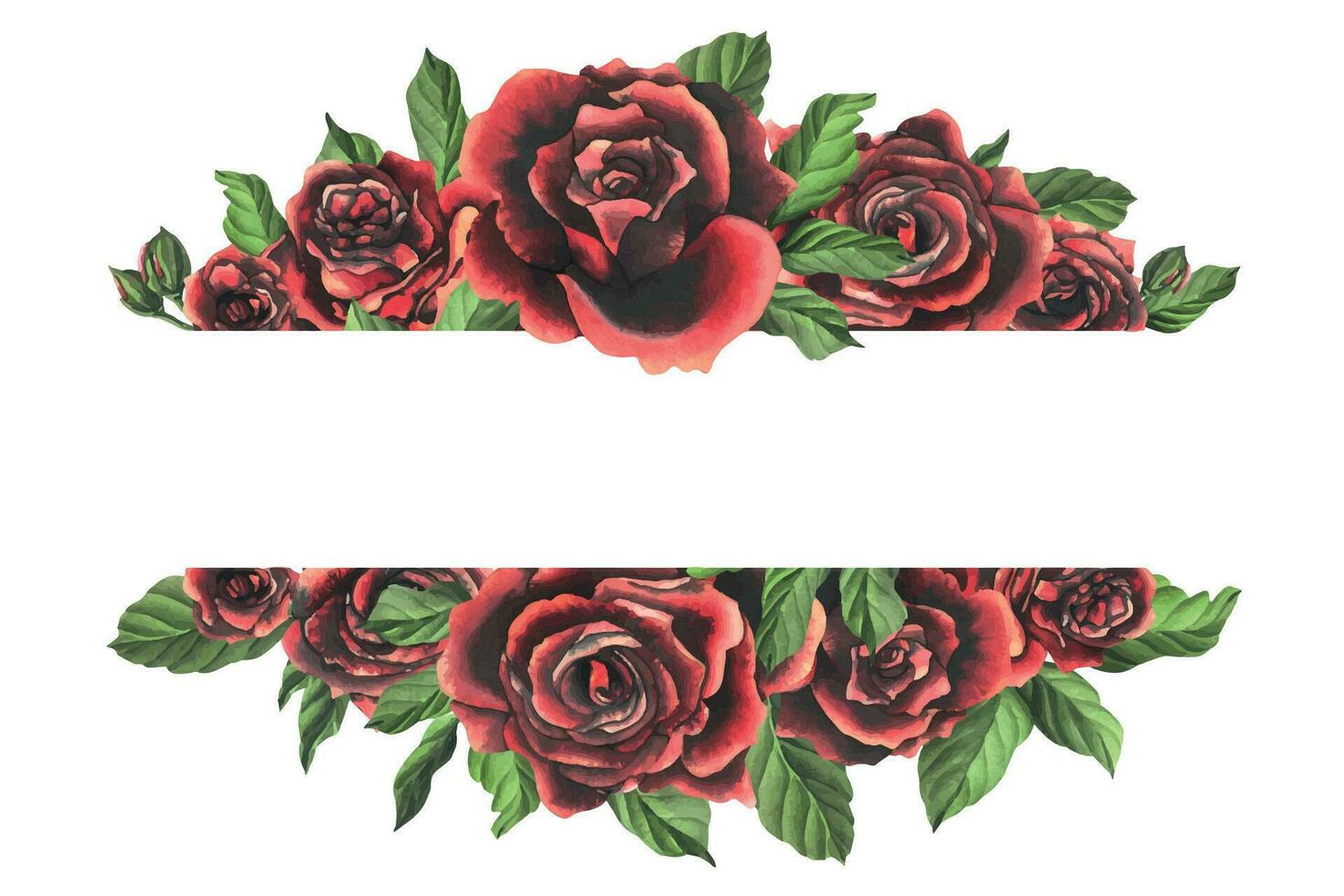 rood Zwart roos bloemen met groen bladeren en knoppen, chique, helder, mooi. hand- getrokken waterverf illustratie. sjabloon, kader Aan een wit achtergrond, voor decoratie en ontwerp vector