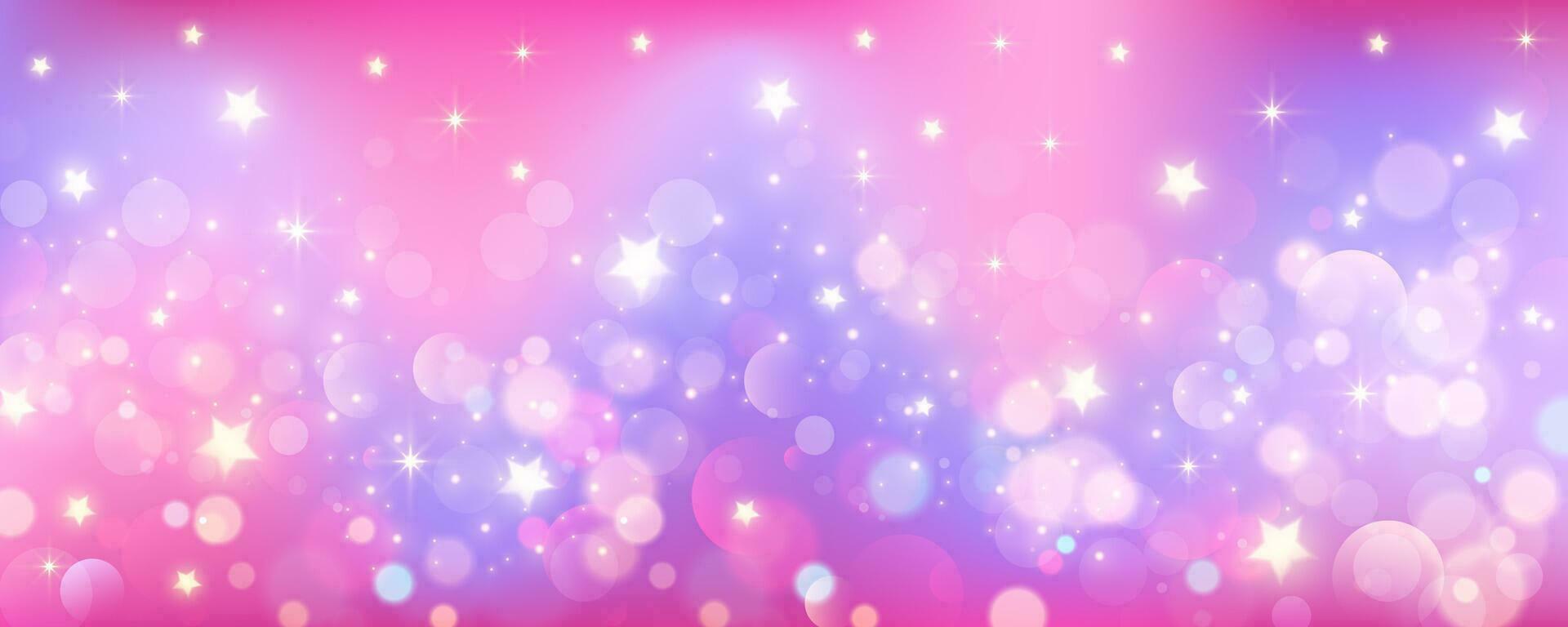 golvend roze achtergrond. eenhoorn schitteren lucht. fantasie magie Purper heelal met bokeh en sterren. abstract paars kawaii achtergrond. vector