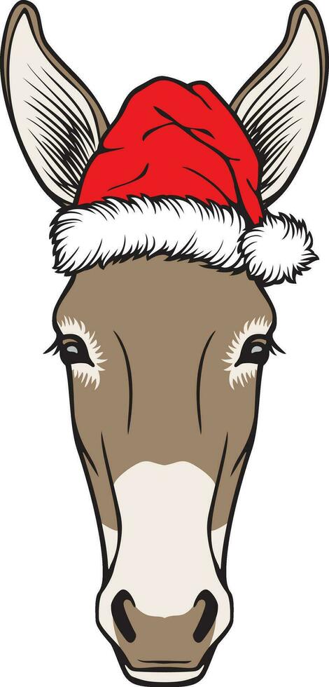 Kerstmis ezel hoofd met de kerstman hoed kleur. vector illustratie.