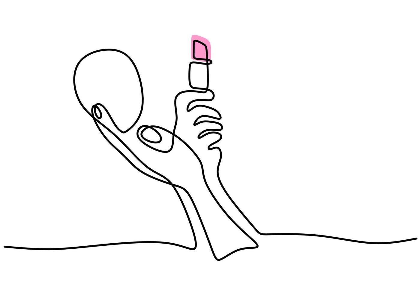 continue enkele lijntekening van hand met roze lippenstift en kleine spiegel. vrouw make-up thema één regel geïsoleerd op een witte achtergrond. vector