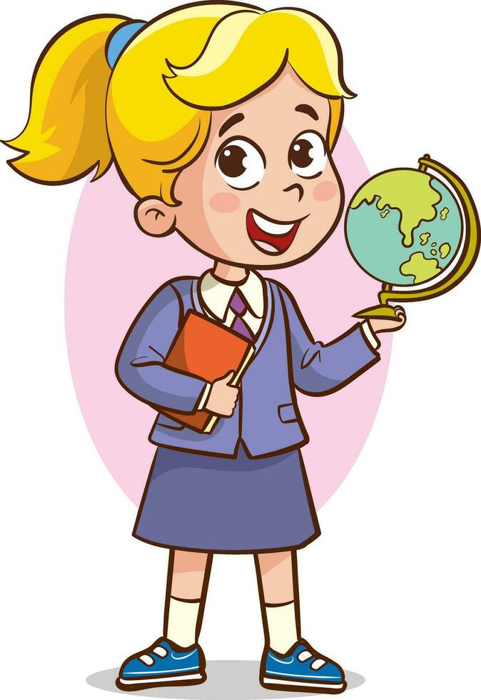 leraar schattig weinig meisje Holding een wereldbol. vector illustratie.