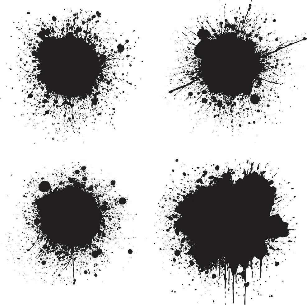 ronde inkt druppels en spatten. vloeipapier vlekken, vloeistof verf druppelen laten vallen plons en inkt spatten. artistiek vuil grunge abstract plek vector set. illustratie monochroom druppelen plons, splat rommelig inktvlek