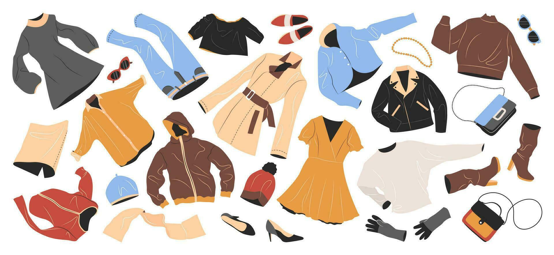 reeks van mode kleren voor Dames. gewoontjes kledingstukken en accessoires voor vallen en winter. jas, jasje, Tassen, schoenen, broek, hoeden vliegen. vlak vector illustraties geïsoleerd Aan wit achtergrond.