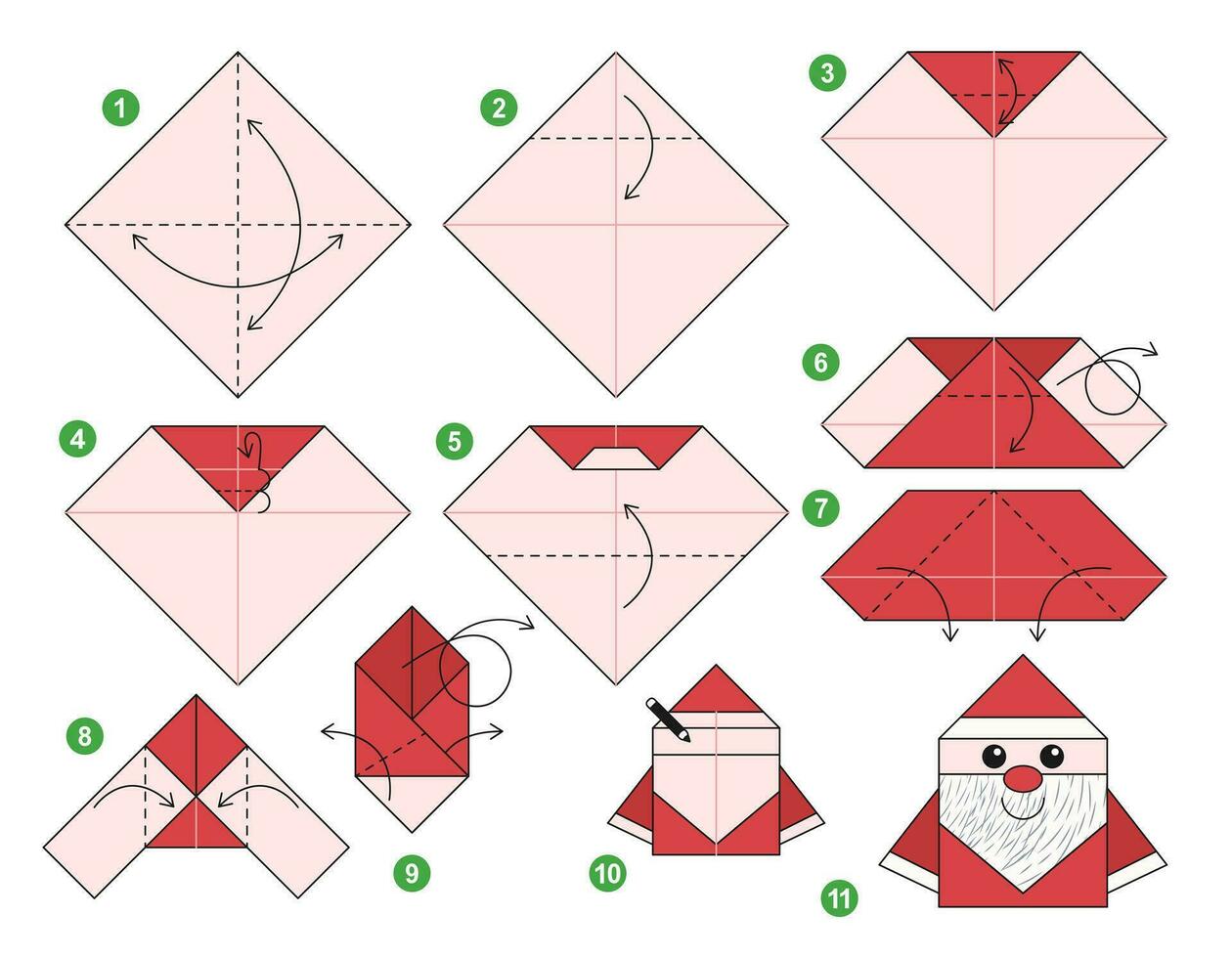 de kerstman claus origami regeling zelfstudie in beweging model. origami voor kinderen. stap door stap hoe naar maken een schattig origami de kerstman claus. vector illustratie.