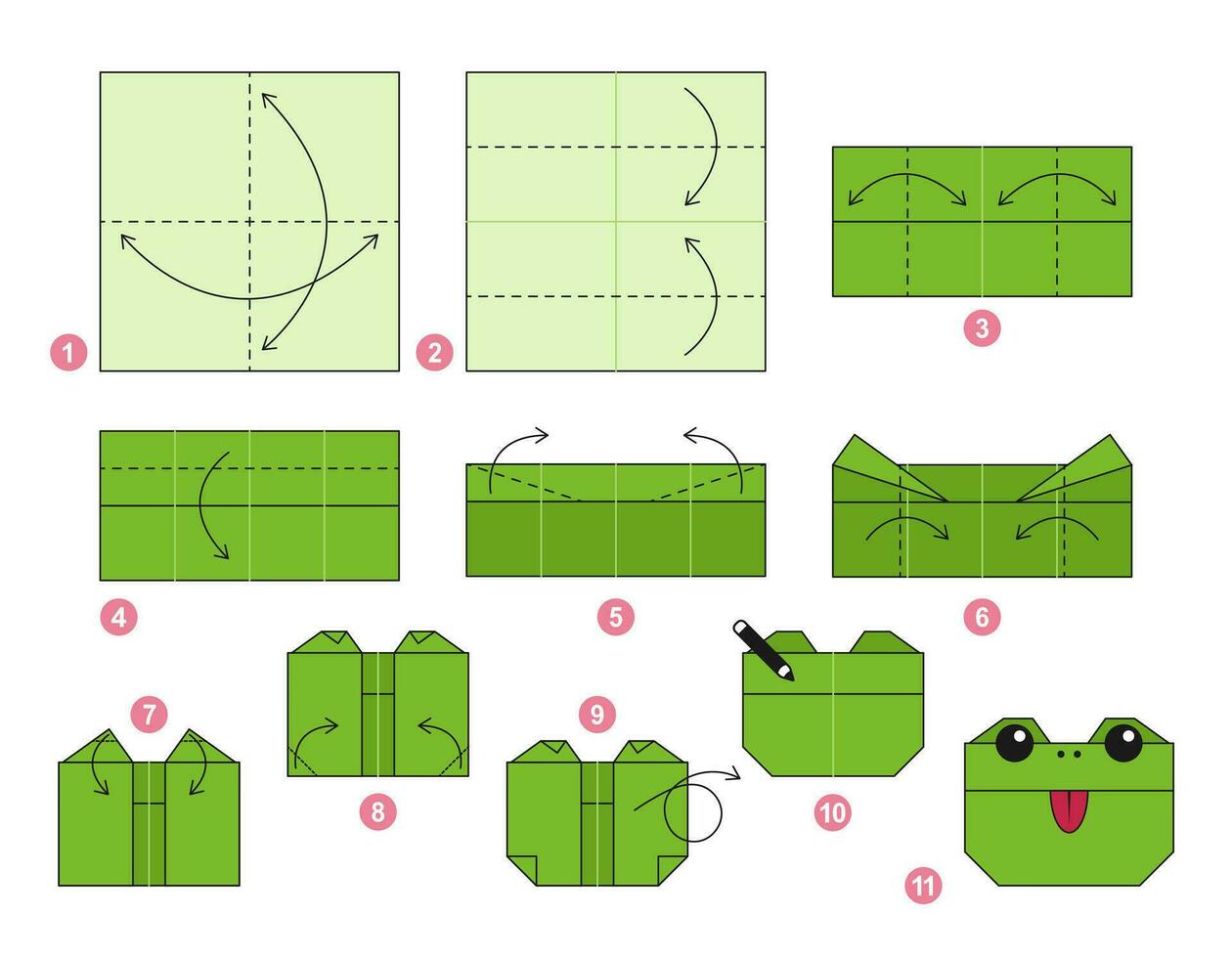 kikker origami regeling zelfstudie in beweging model. origami voor kinderen. stap door stap hoe naar maken een schattig origami amfibie. vector illustratie.