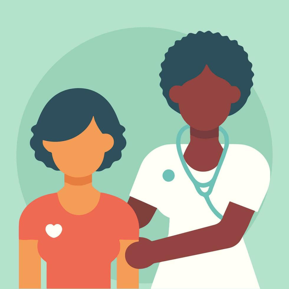 vriendelijk zwart huid vrouw Afrikaanse gekruld haar- beoefenaar dokter comfort Dames kanker geduldig karakter vlak vector illustratie avatar concept, medisch persoon overleg plegen jong geduldig bezoek behandelen