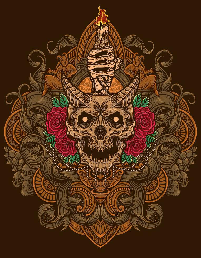 illustratie hand- getrokken. demon schedel kaars met roos bloem - wijnoogst gravure ornament vector