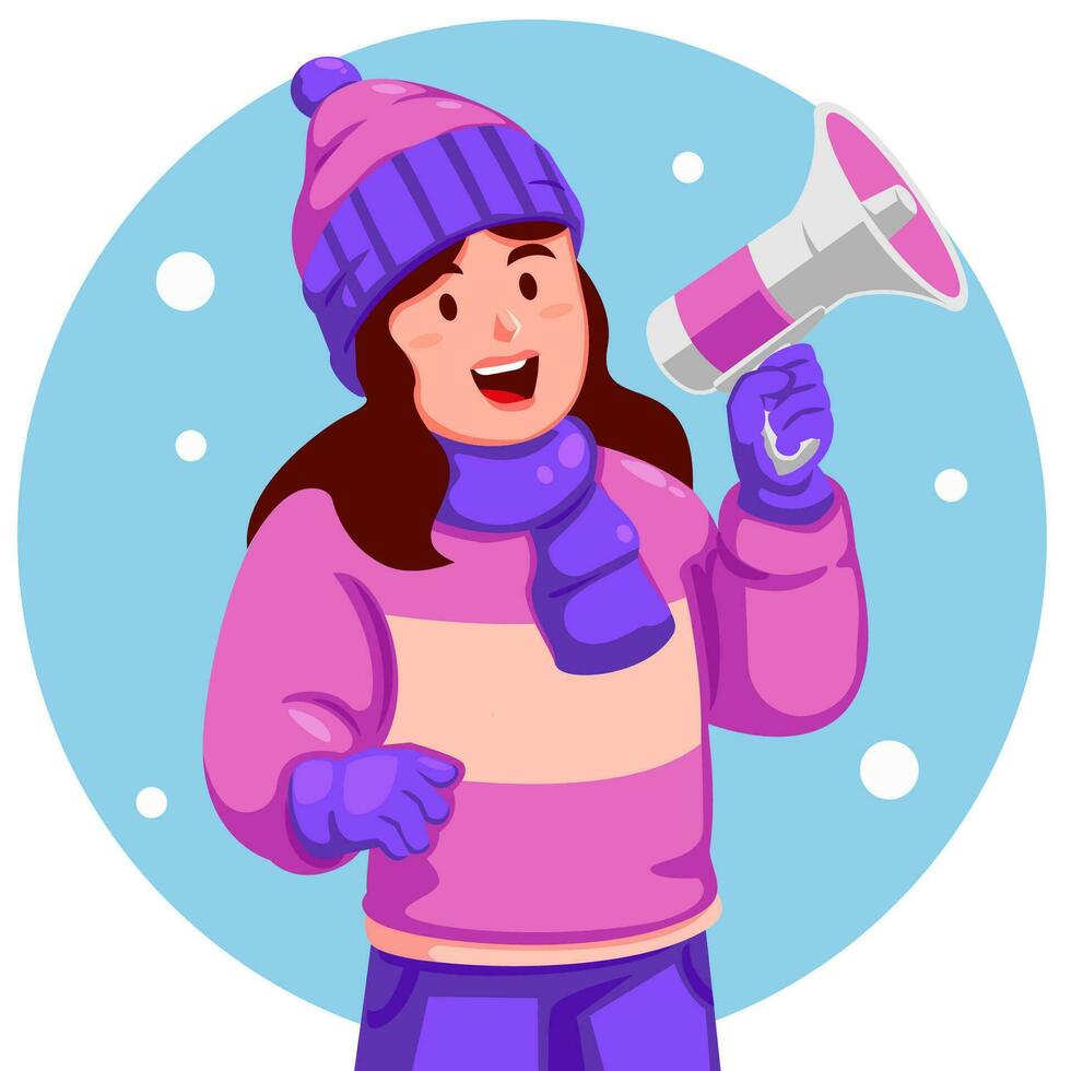 meisje vervelend winter kleren Holding een megafoon vector