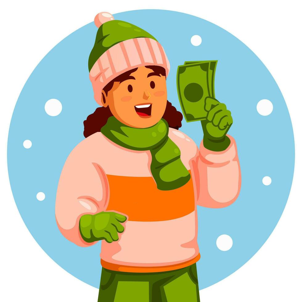 meisje vervelend winter kleren Holding een geld vector