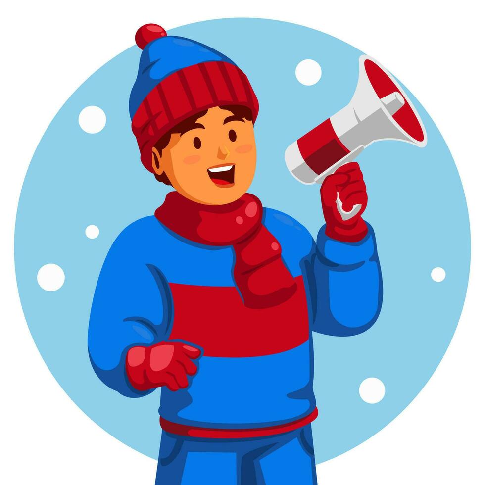 jongen vervelend winter kleren Holding een megafoon vector