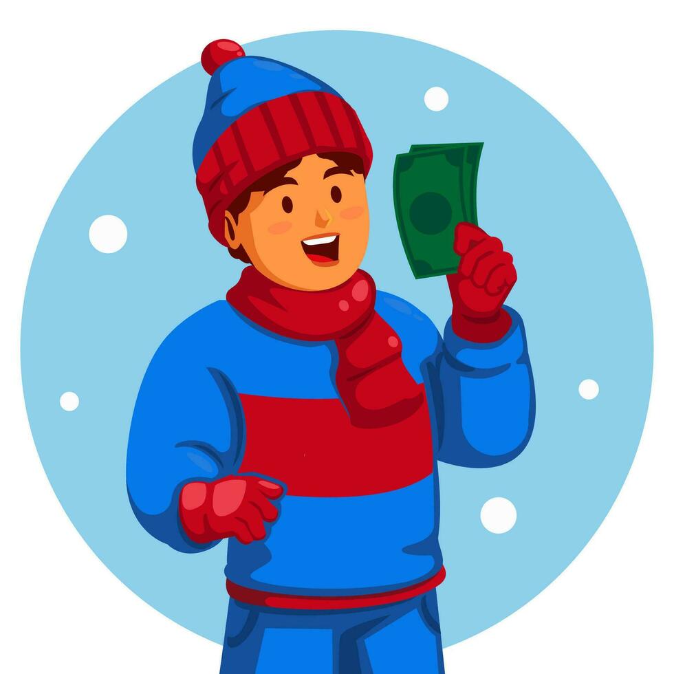 jongen vervelend winter kleren Holding een geld vector