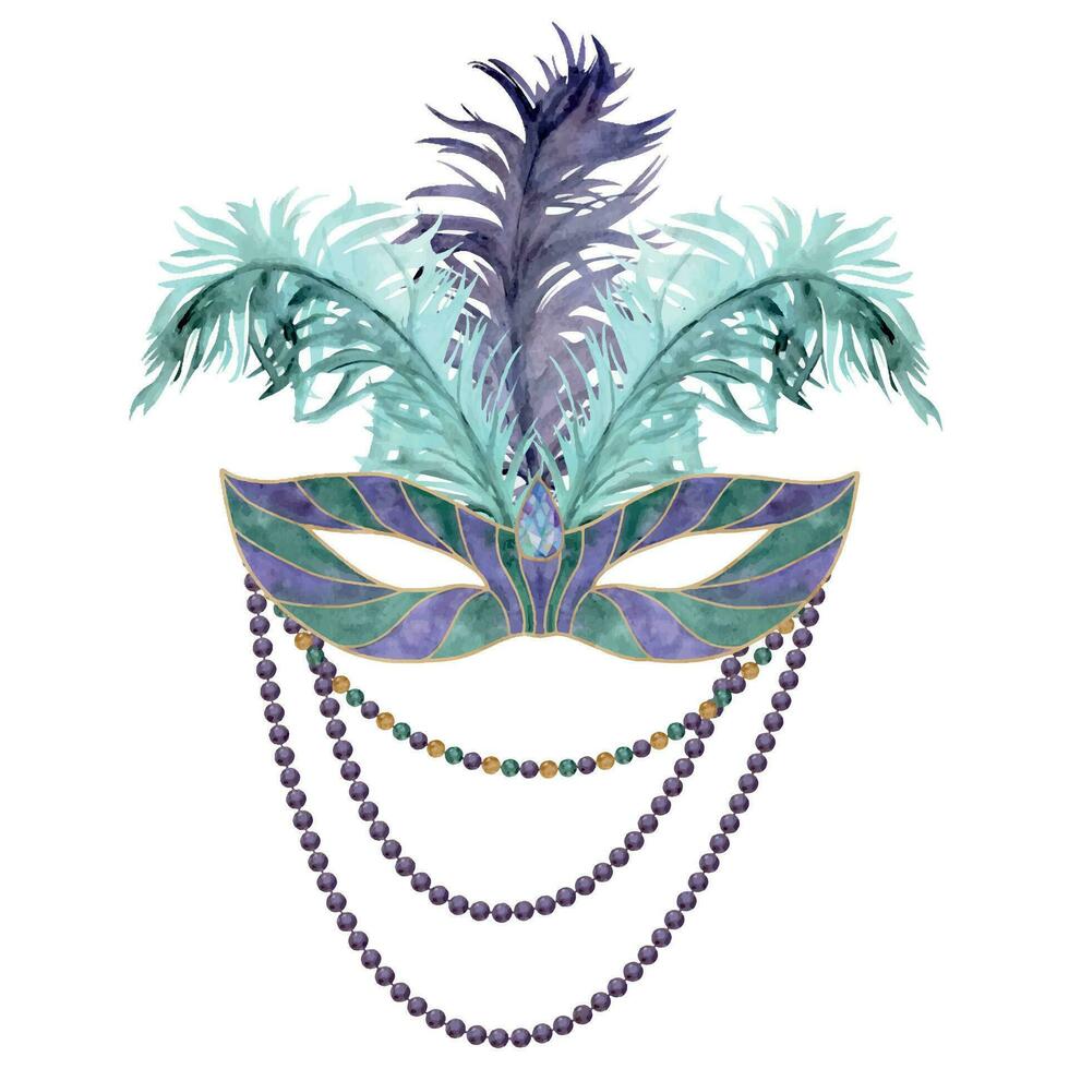 hand- getrokken waterverf mardi gras carnaval symbolen. theater maskerade masker met veren en kralen, goud Purper groente. single voorwerp geïsoleerd Aan wit achtergrond. ontwerp partij uitnodiging, afdrukken, winkel vector