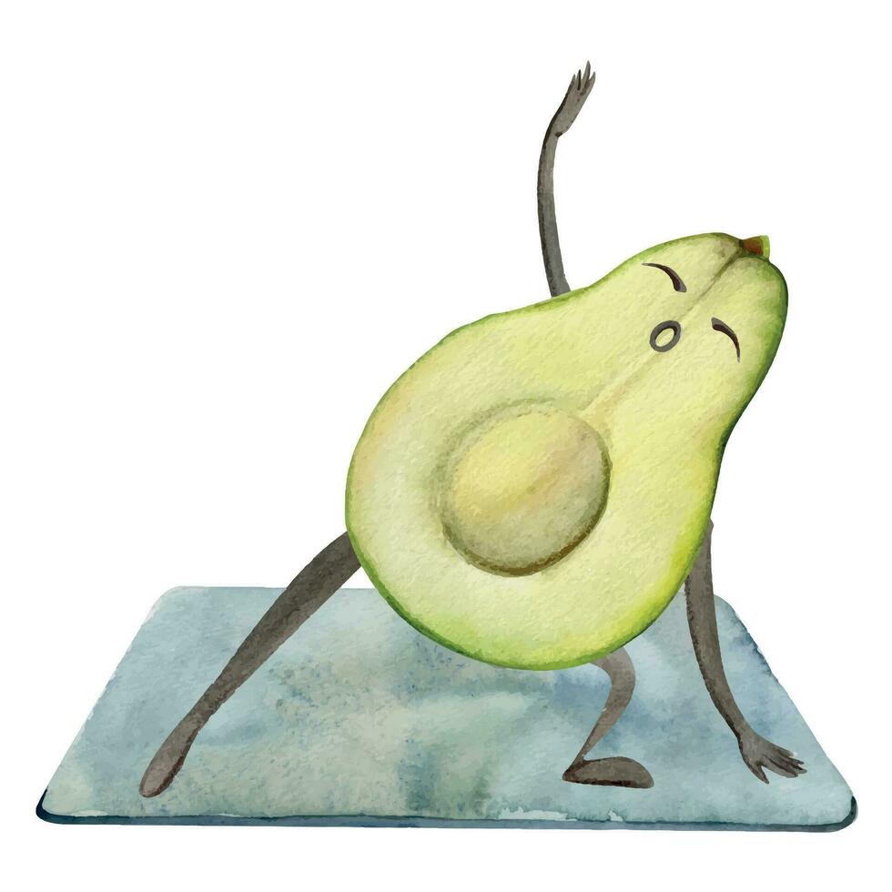 hand- getrokken waterverf schattig avocado karakter aan het doen yoga uitrekken asana oefening. geschiktheid Gezondheid. illustratie geïsoleerd samenstelling, wit achtergrond. ontwerp voor poster, afdrukken, website, kaart, Sportschool vector