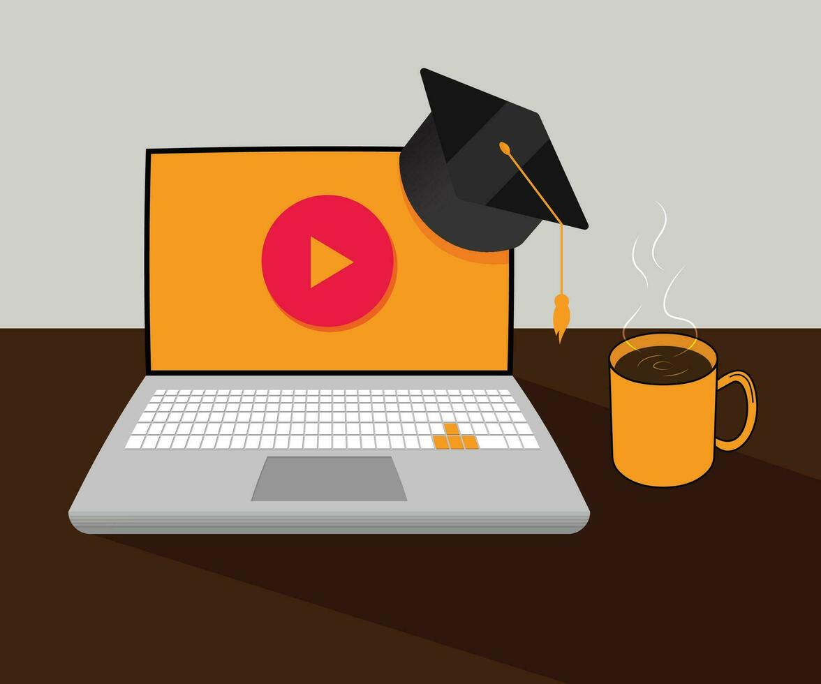 afstand aan het leren concept, laptop met een diploma uitreiking pet Aan top en een koffie kop Aan de kant, online aan het leren vlak illustratie vector