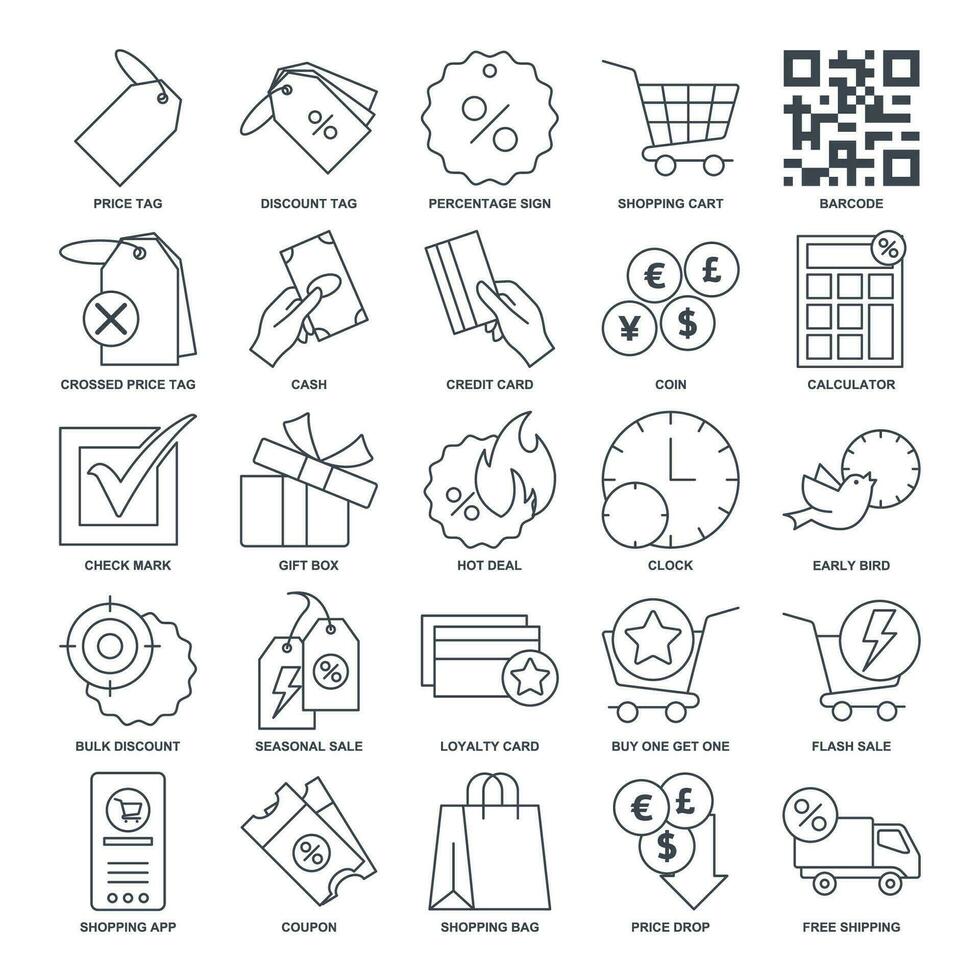 korting icoon set, inbegrepen pictogrammen net zo prijs label, vroeg vogel, boodschappen doen tas, credit kaart en meer symbolen verzameling, logo geïsoleerd vector illustratie