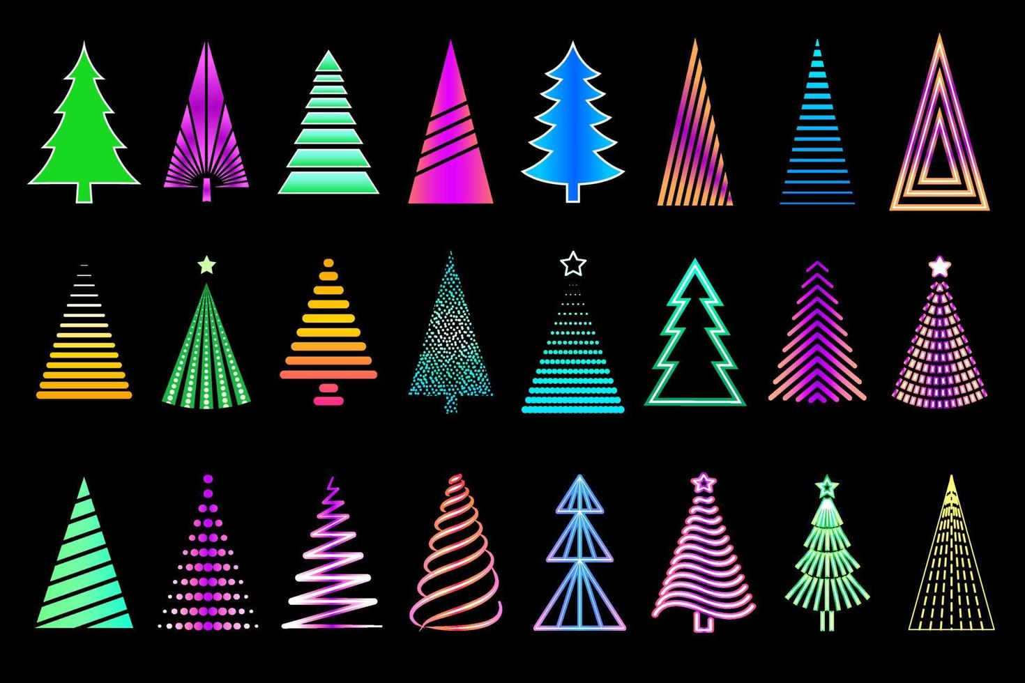 vector neon kerstboom collectie. set gloeiende kerstbomen geïsoleerd op zwarte achtergrond. kleurrijke oplichtende bomen voor uw ontwerpprojecten.