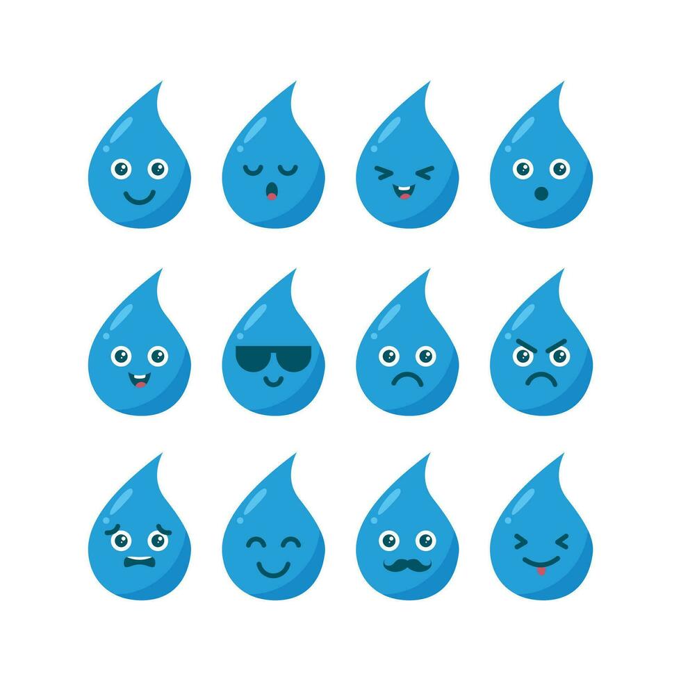 schattig vlak water karakter reeks illustratie ontwerp, water tekenfilm emoji tekens sjabloon vector