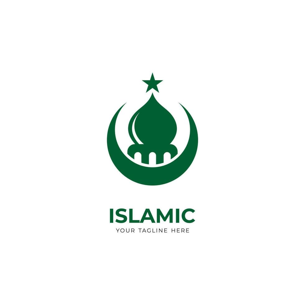 gemakkelijk groen Islamitisch logo ontwerp, modern Islamitisch logo met moskee, maan en ster vorm vector