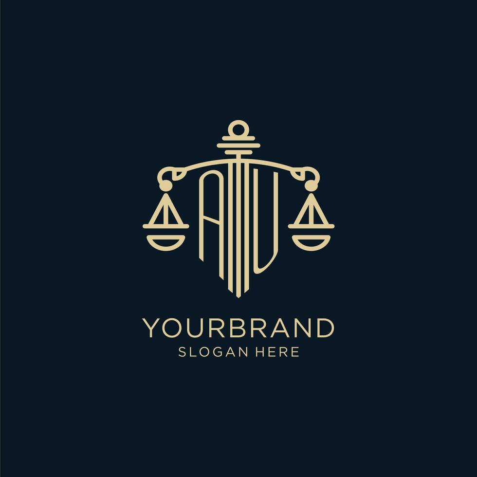 eerste au logo met schild en balans van gerechtigheid, luxe en modern wet firma logo ontwerp vector