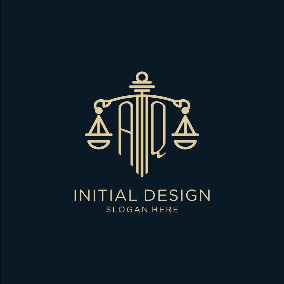 eerste aq logo met schild en balans van gerechtigheid, luxe en modern wet firma logo ontwerp vector