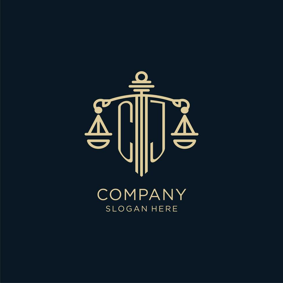 eerste cj logo met schild en balans van gerechtigheid, luxe en modern wet firma logo ontwerp vector