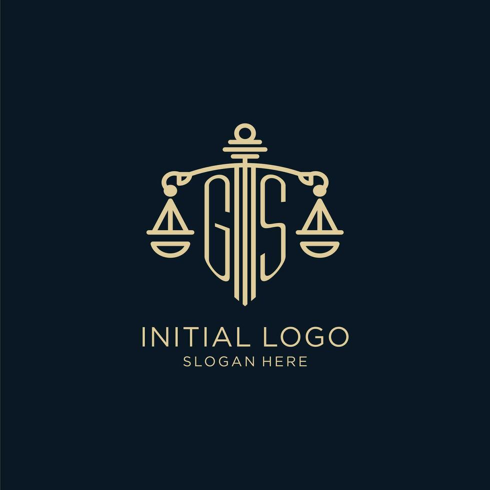 eerste gs logo met schild en balans van gerechtigheid, luxe en modern wet firma logo ontwerp vector