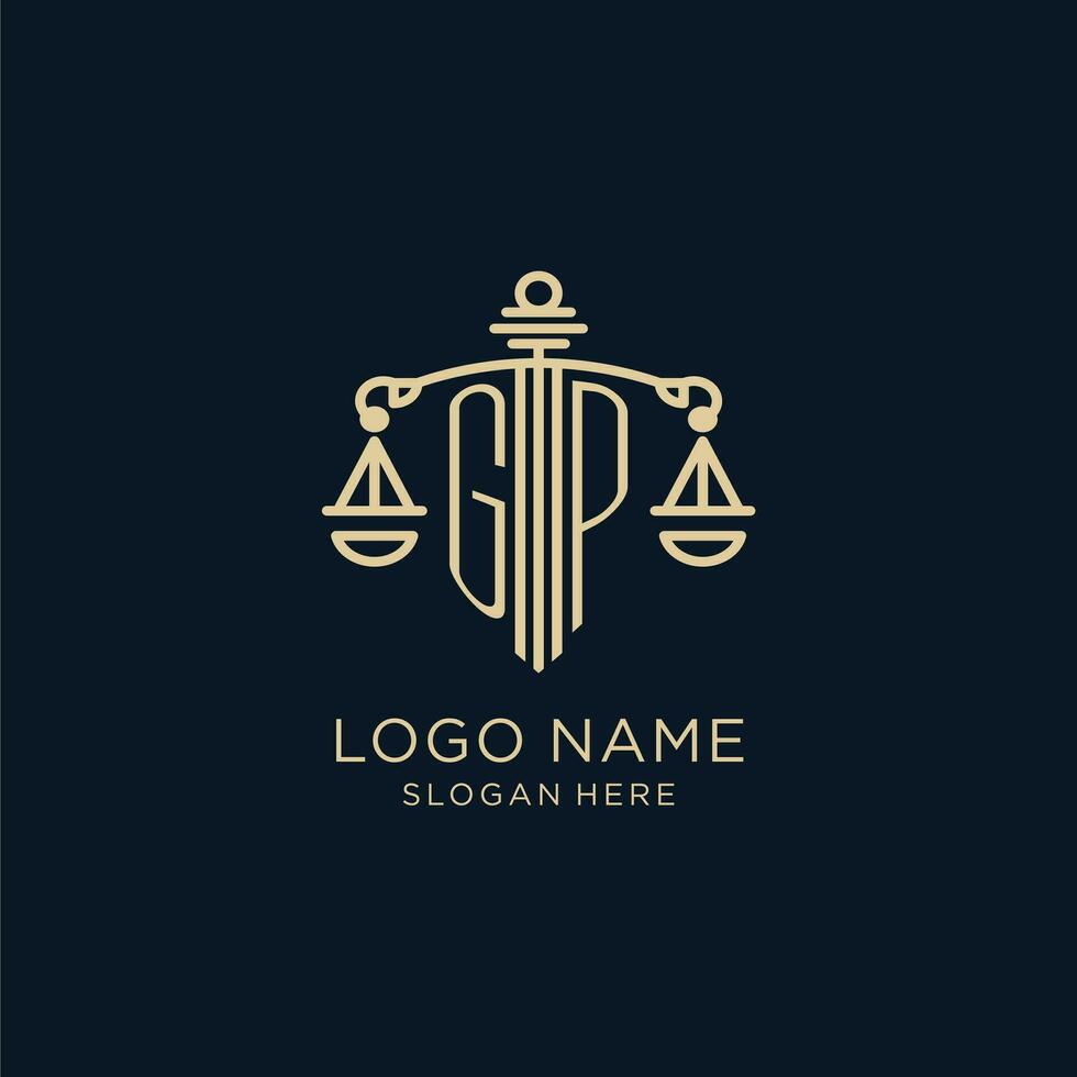 eerste gp logo met schild en balans van gerechtigheid, luxe en modern wet firma logo ontwerp vector