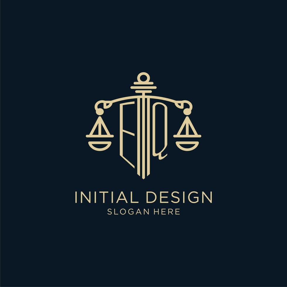 eerste eq logo met schild en balans van gerechtigheid, luxe en modern wet firma logo ontwerp vector