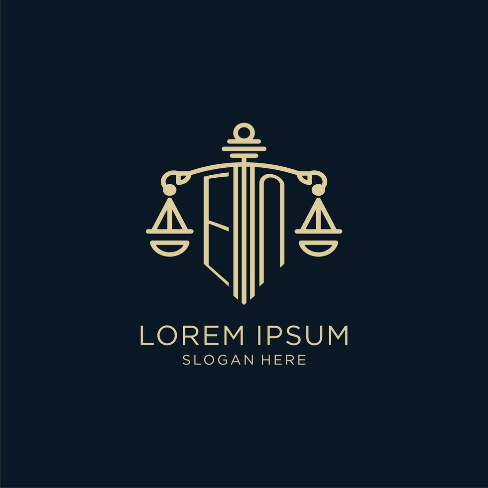 eerste nl logo met schild en balans van gerechtigheid, luxe en modern wet firma logo ontwerp vector