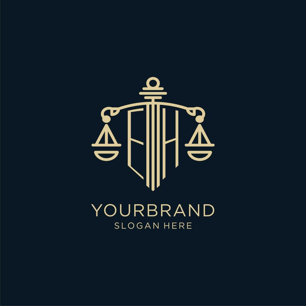 eerste eh logo met schild en balans van gerechtigheid, luxe en modern wet firma logo ontwerp vector