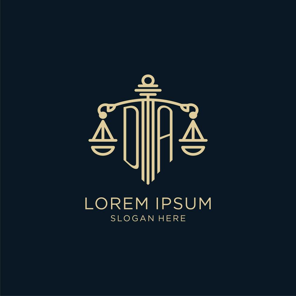 eerste da logo met schild en balans van gerechtigheid, luxe en modern wet firma logo ontwerp vector