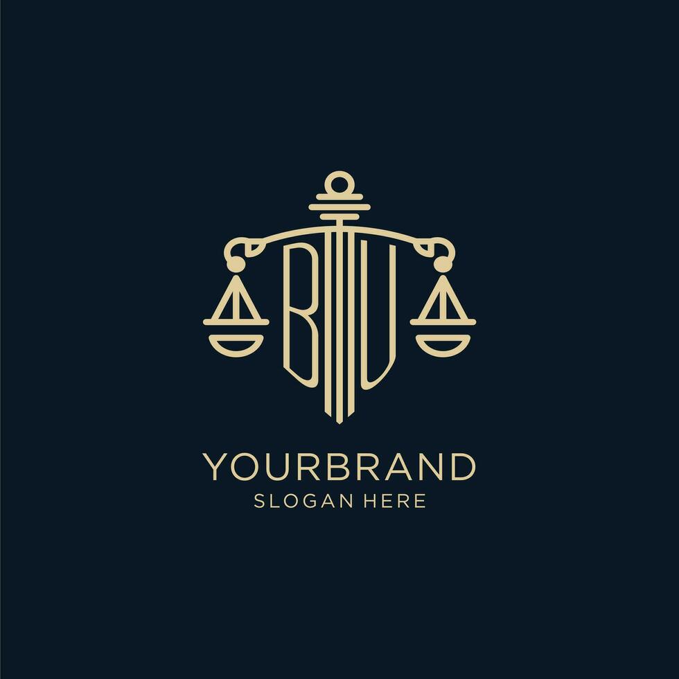 eerste bu logo met schild en balans van gerechtigheid, luxe en modern wet firma logo ontwerp vector