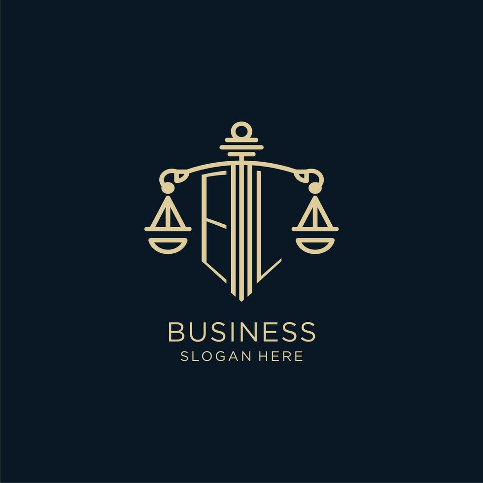 eerste el logo met schild en balans van gerechtigheid, luxe en modern wet firma logo ontwerp vector